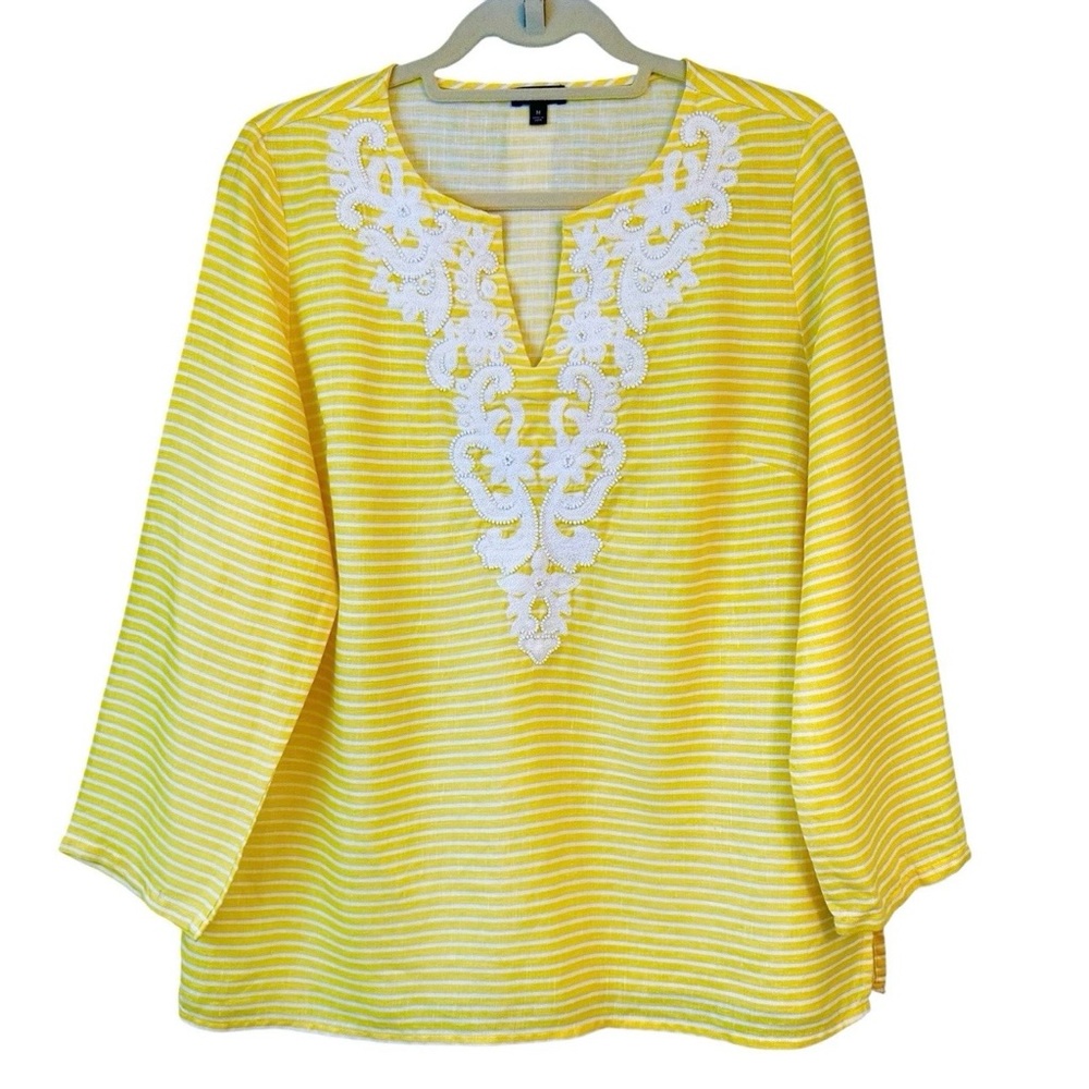 Talbots M Linen Top Yellow White Stripe V Notch Embroidery Beaded Coastal Beach